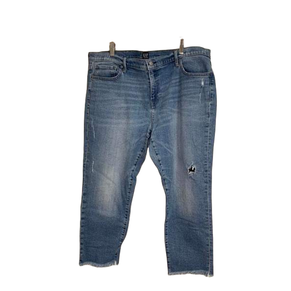 Gap Denim Girlfriend Medium‎ Indigo Wash Raw Hem Distressed Size 34 #256655